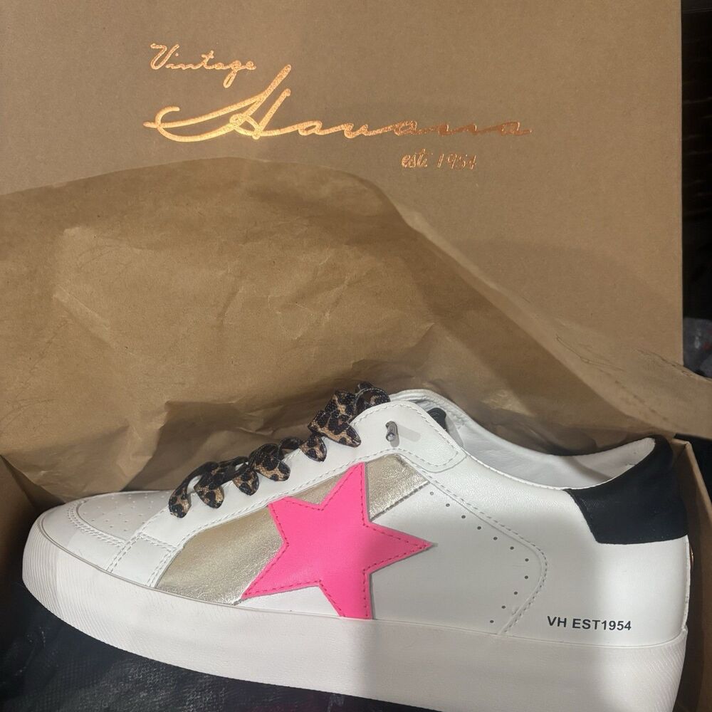 Vintage Havana White Sneakers with Hot Pink Star & Gold Panel size 11